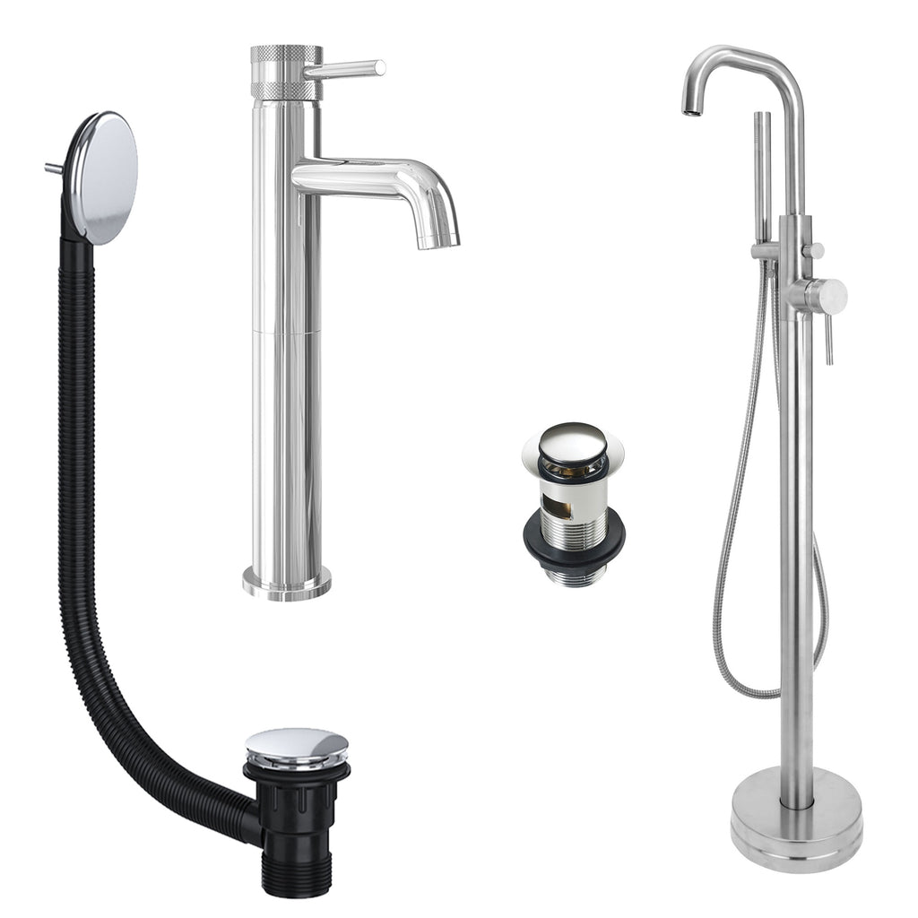 Chrome Tall Basin Mixer Tap and Freestanding Bath Shower Mixer Tap with Handset and Slotted Basin and Bath Waste