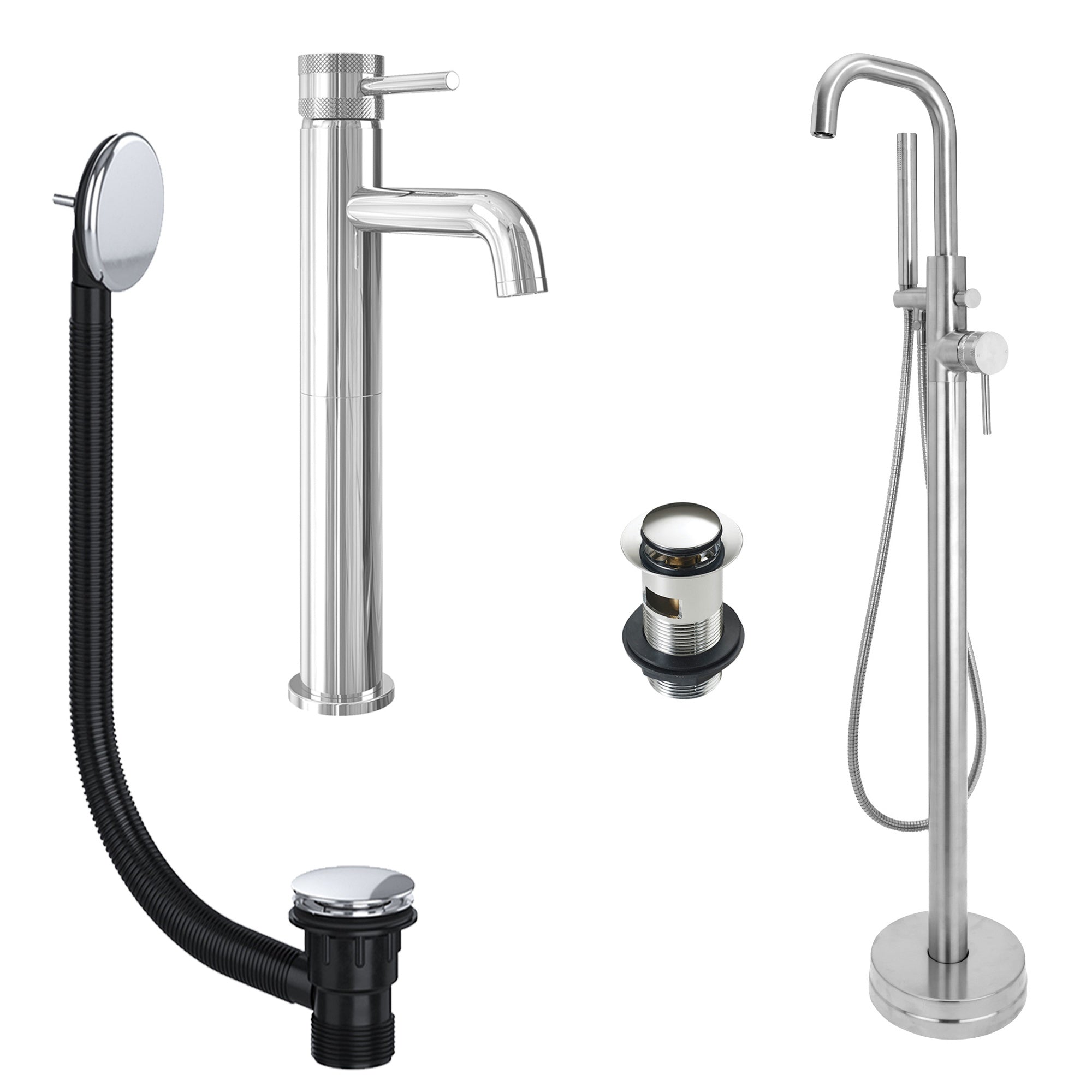 Chrome Tall Basin Mixer Tap and Freestanding Bath Shower Mixer Tap with Handset and Slotted Basin and Bath Waste