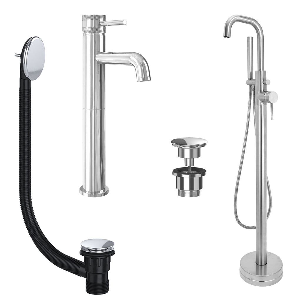 Chrome Tall Basin Mixer Tap and Freestanding Bath Shower Mixer Tap with Handset and Universal Basin and Bath Waste