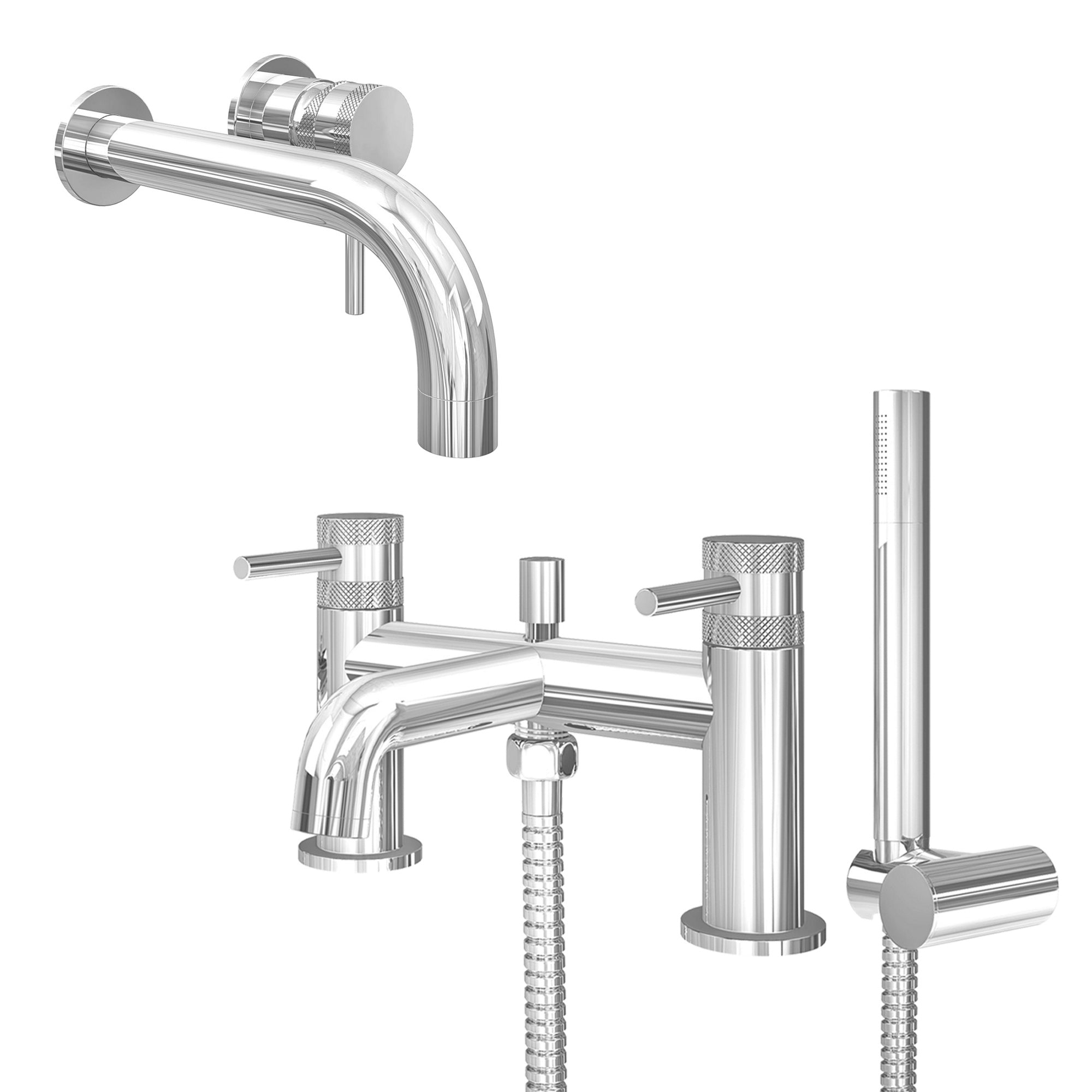 Chrome Wall Mounted Basin Mixer Tap and Bath Shower Mixer with Handset - Dual Handle Options