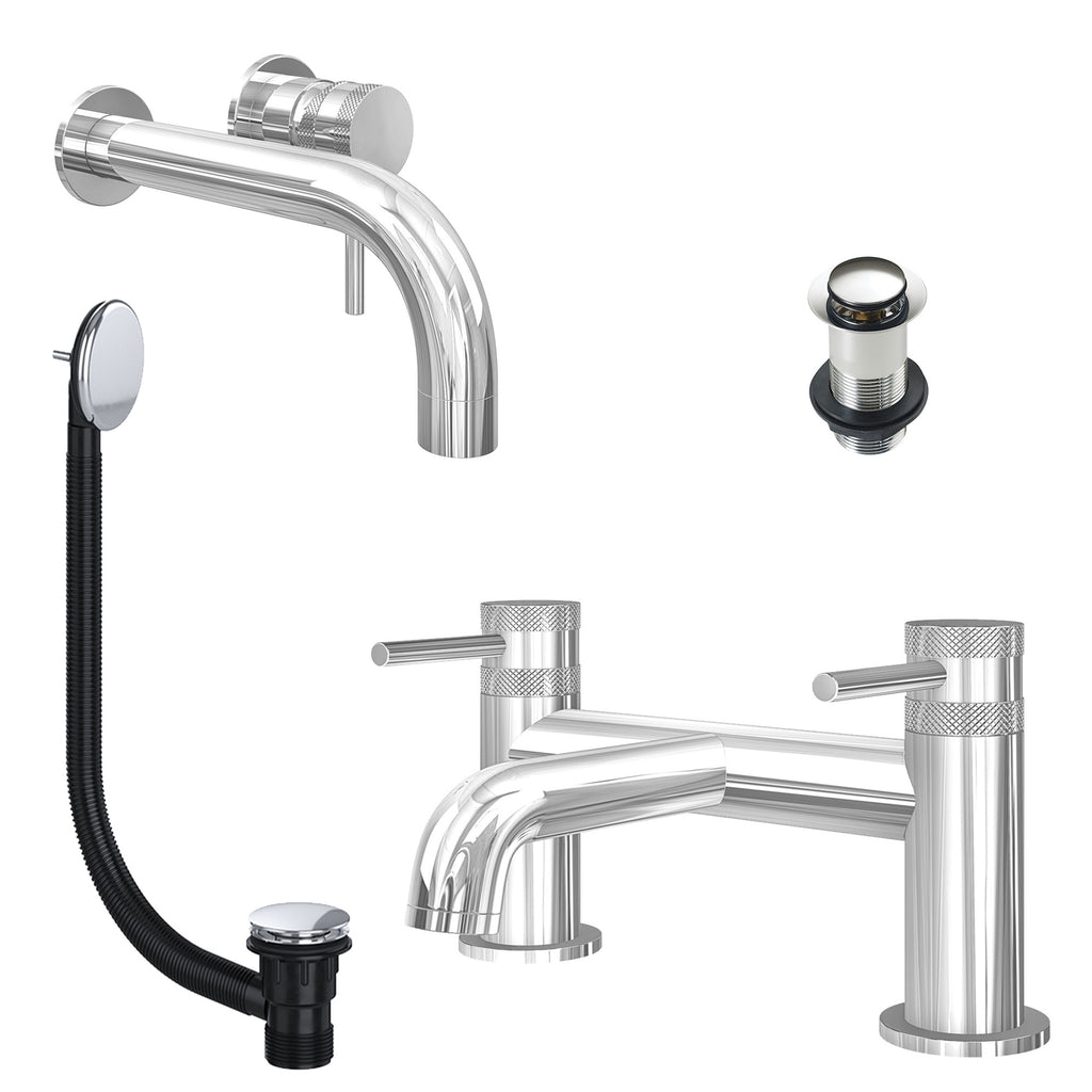 Chrome Wall Mounted Basin Mixer Tap and Bath Filler with Unslotted Basin and Bath Waste - Dual Handle Options
