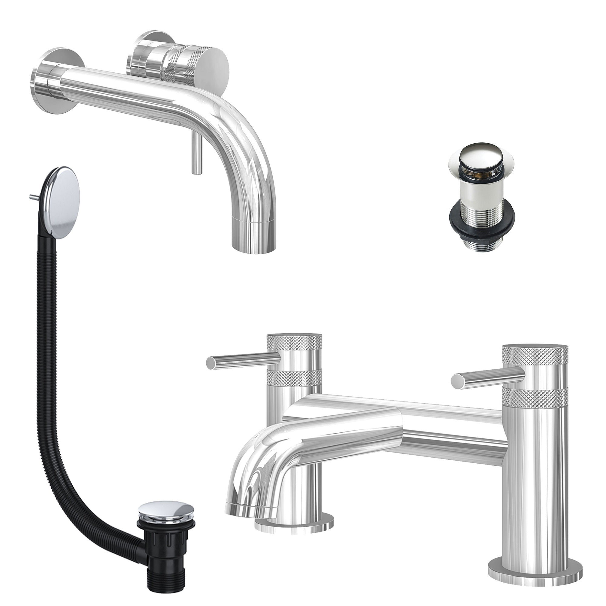 Chrome Wall Mounted Basin Mixer Tap and Bath Filler with Unslotted Basin and Bath Waste - Dual Handle Options