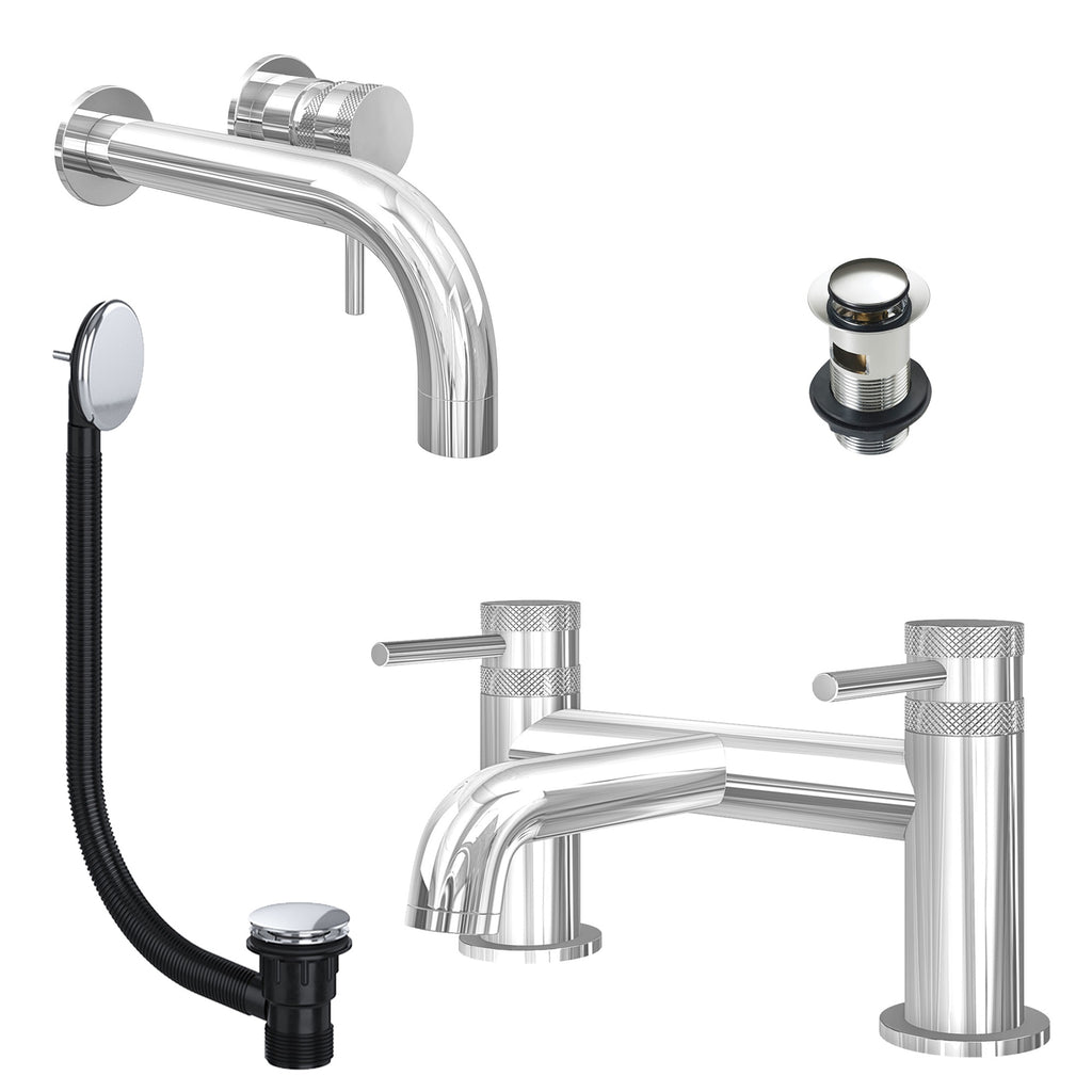 Chrome Wall Mounted Basin Mixer Tap and Bath Filler with Slotted Basin and Bath Waste - Dual Handle Options