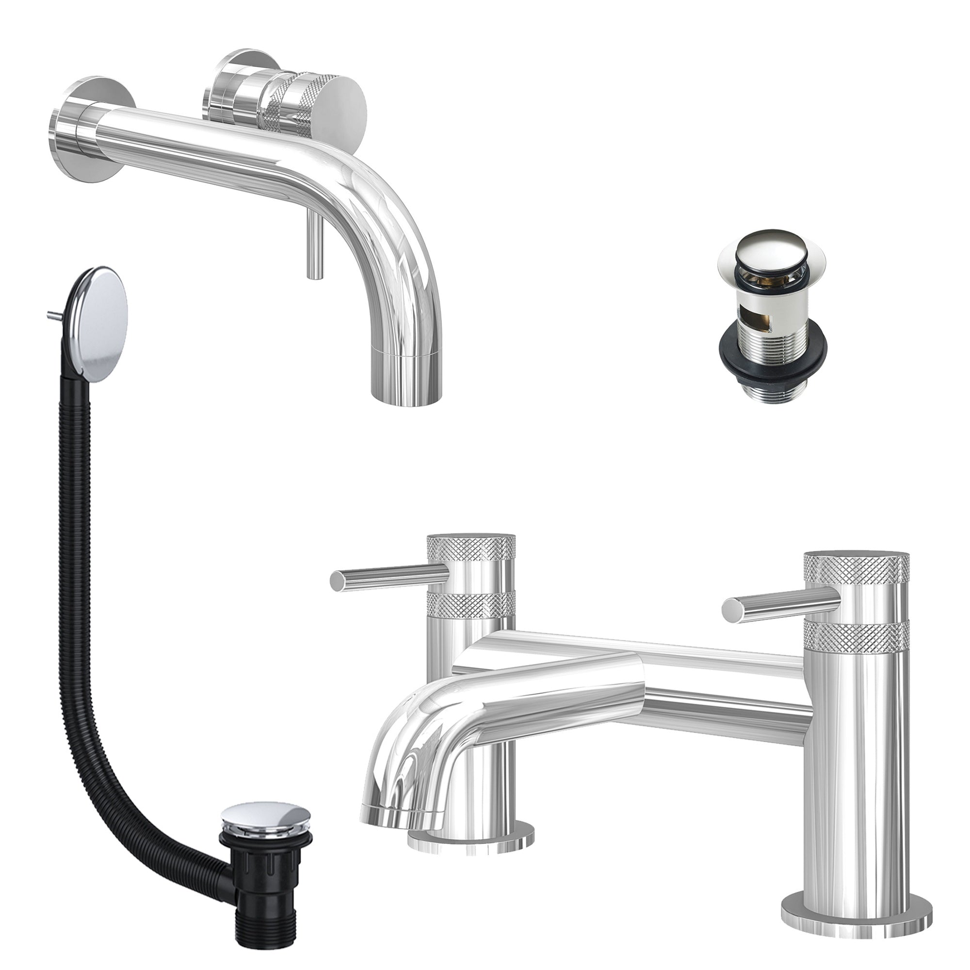 Chrome Wall Mounted Basin Mixer Tap and Bath Filler with Slotted Basin and Bath Waste - Dual Handle Options