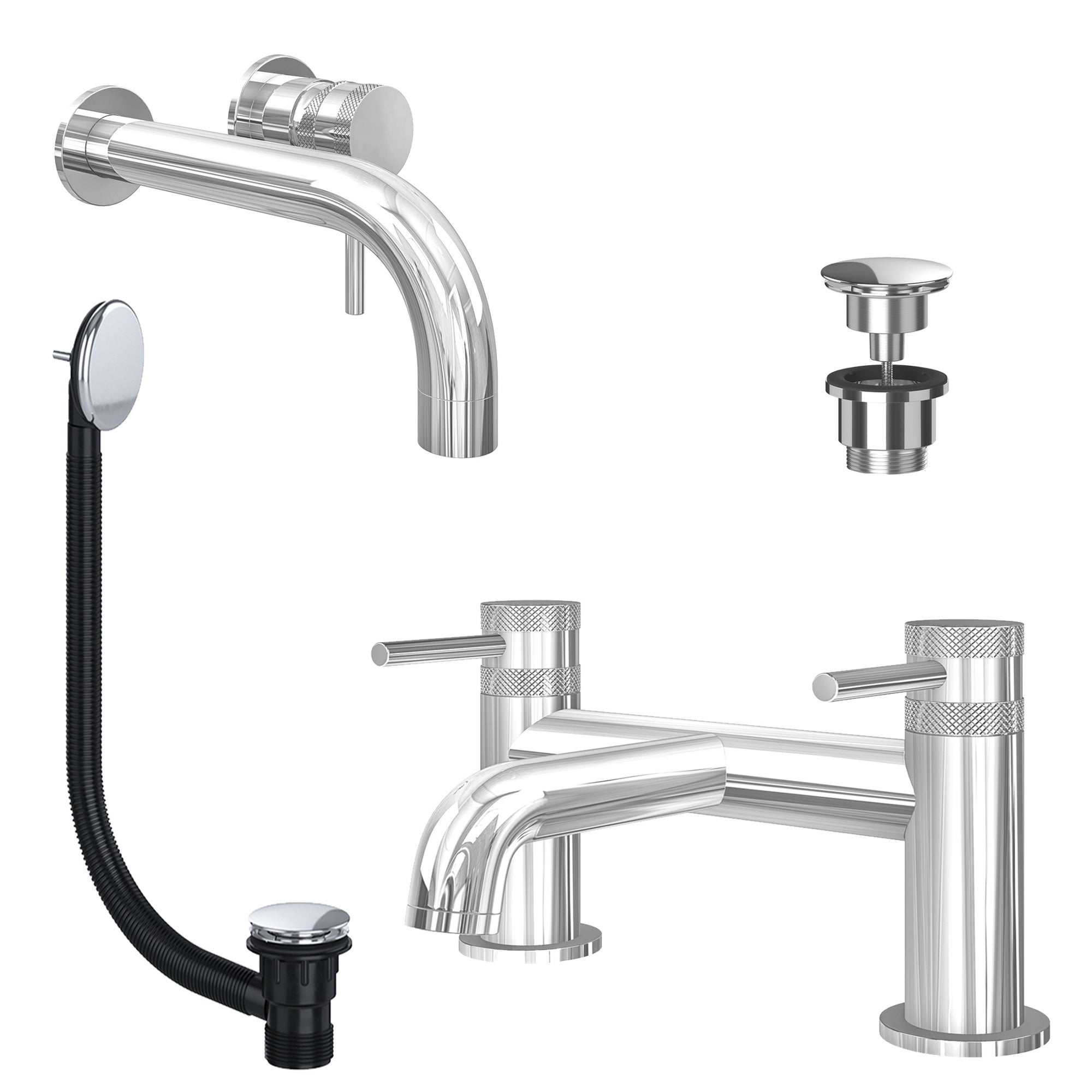 Chrome Wall Mounted Basin Mixer Tap and Bath Filler with Universal Basin and Bath Waste - Dual Handle Options