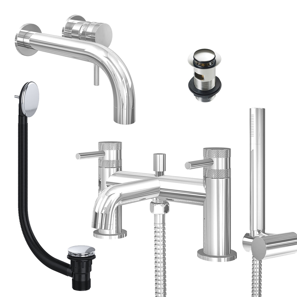 Chrome Wall Mounted Basin Mixer Tap and Bath Shower Mixer with Slotted Basin and Bath Waste - Dual Handle Options