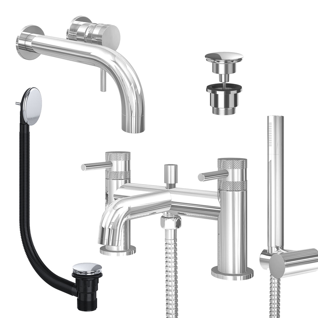 Chrome Wall Mounted Basin Mixer Tap and Bath Shower Mixer with Universal Basin and Bath Waste - Dual Handle Options