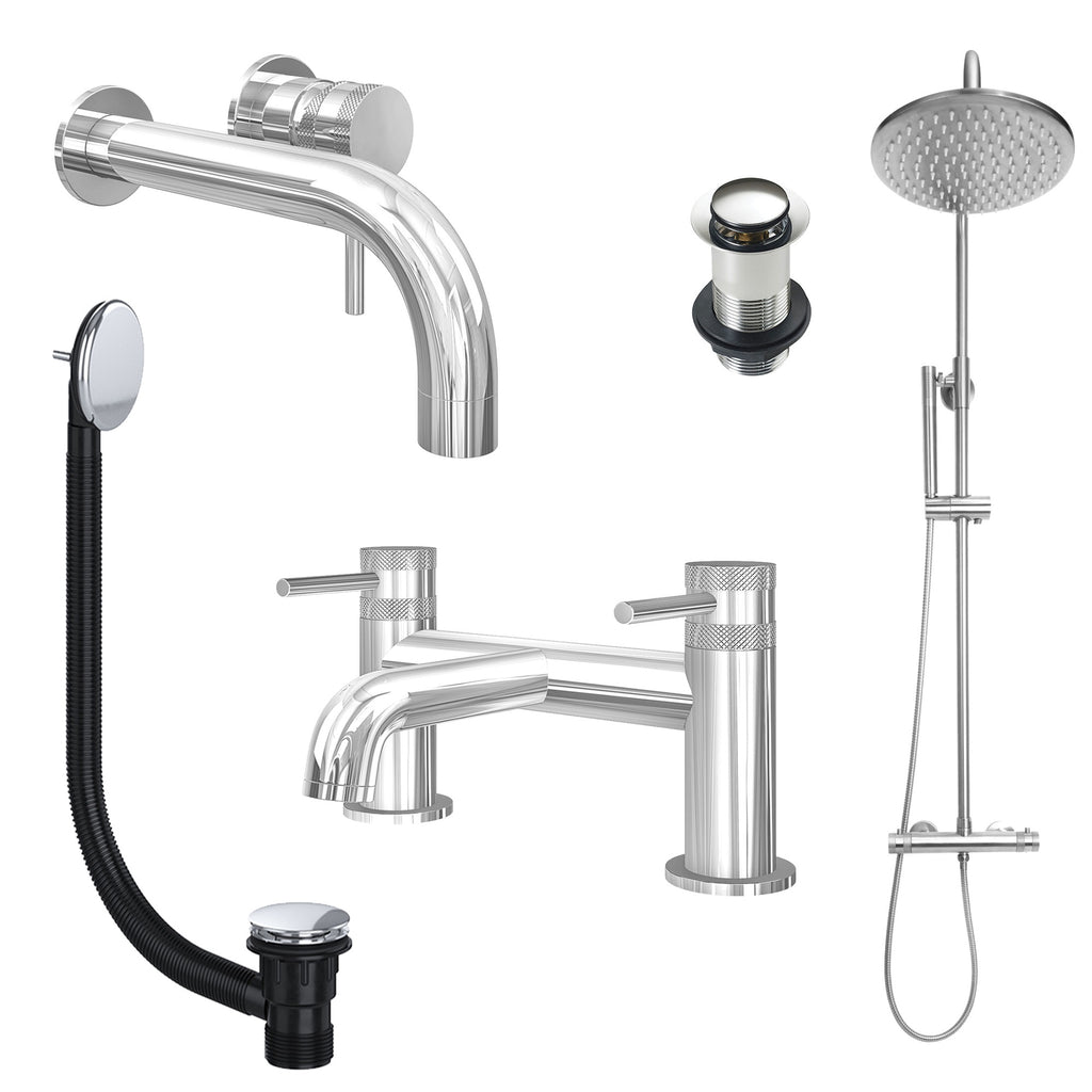 Chrome Wall Mounted Basin Mixer Tap, Bath Filler and Rigid Riser Shower with Unslotted Basin and Bath Waste