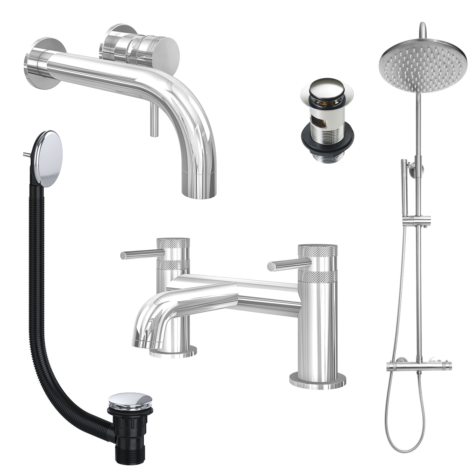Chrome Wall Mounted Basin Mixer Tap, Bath Filler and Rigid Riser Shower with Slotted Basin and Bath Waste