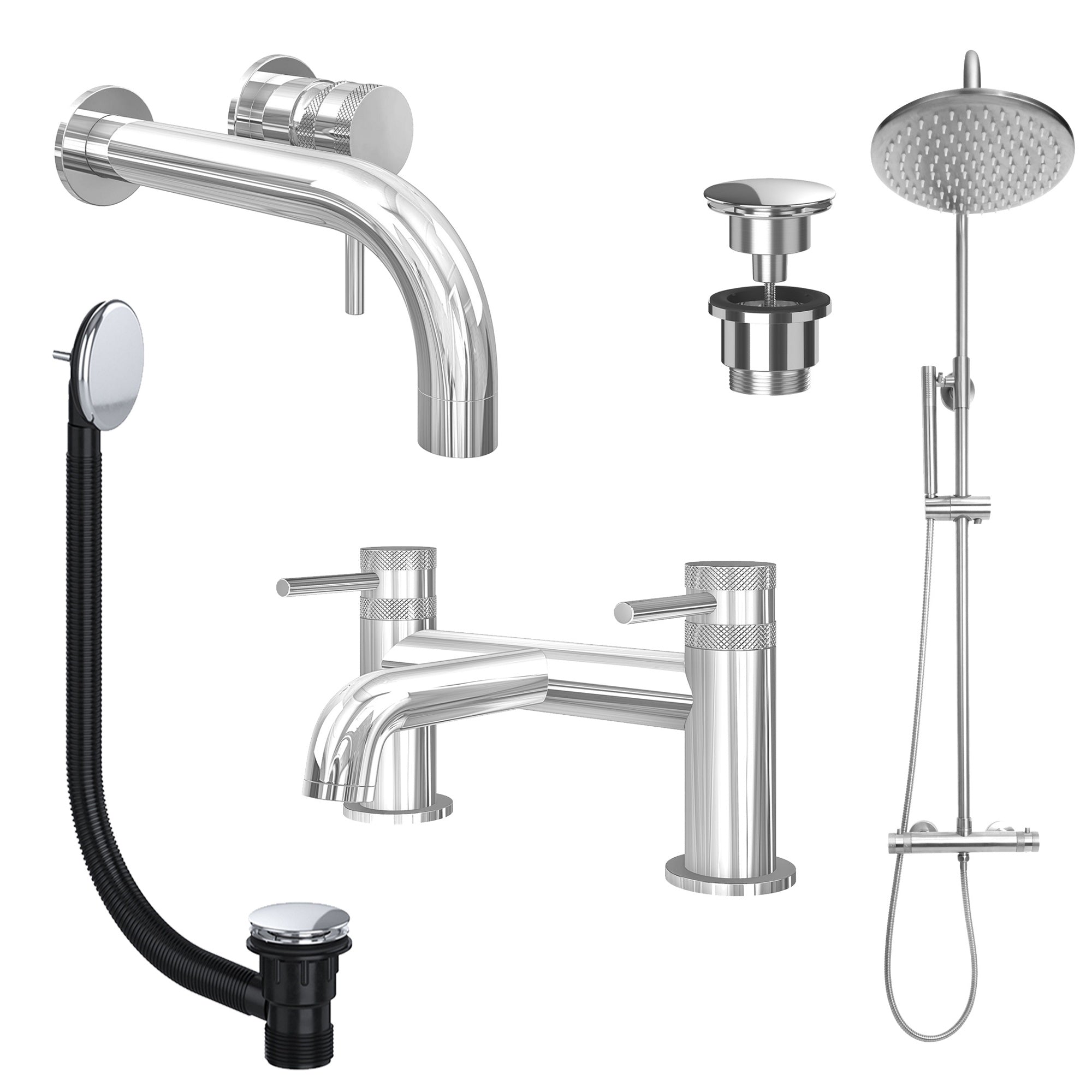 Chrome Wall Mounted Basin Mixer Tap, Bath Filler and Rigid Riser Shower with Universal Basin and Bath Waste