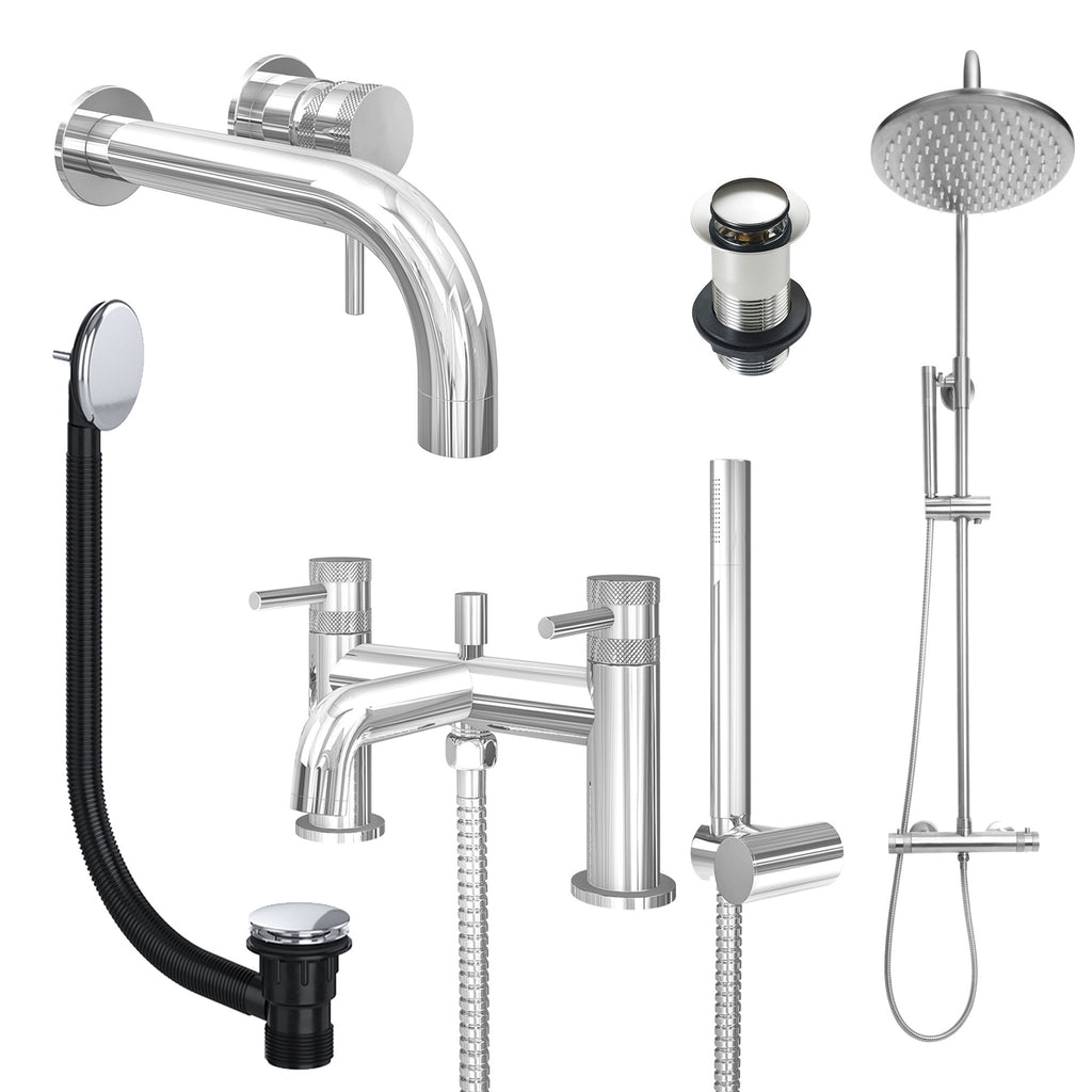 Chrome Wall Mounted Basin Mixer Tap, Bath Shower Mixer and Rigid Riser Shower with Unslotted Basin and Bath Waste