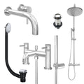 Chrome Wall Mounted Basin Mixer Tap, Bath Shower Mixer and Rigid Riser Shower with Unslotted Basin and Bath Waste