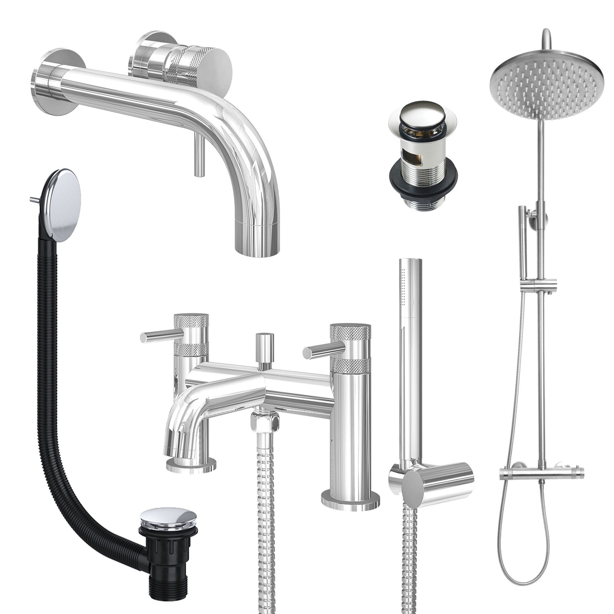 Chrome Wall Mounted Basin Mixer Tap, Bath Shower Mixer and Rigid Riser Shower with Slotted Basin and Bath Waste