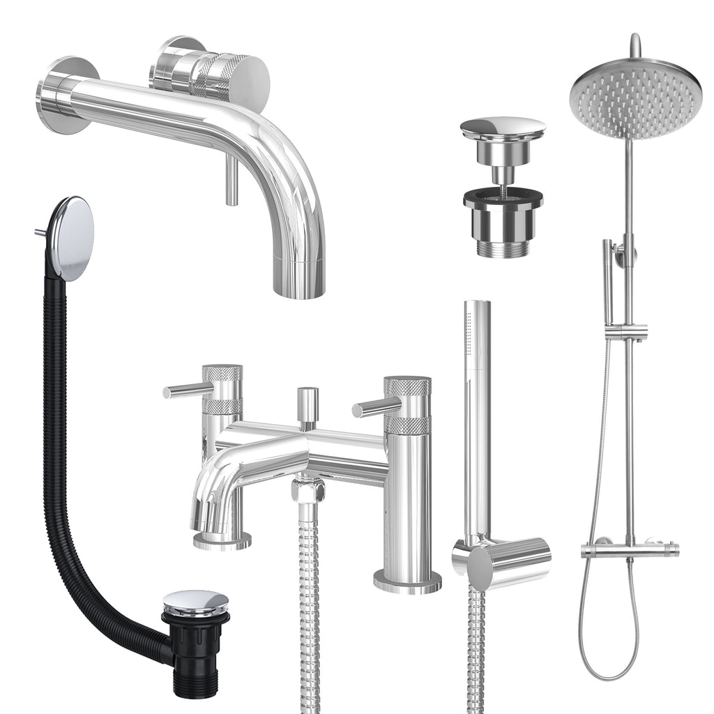 Chrome Wall Mounted Basin Mixer Tap, Bath Shower Mixer and Rigid Riser Shower with Universal Basin and Bath Waste
