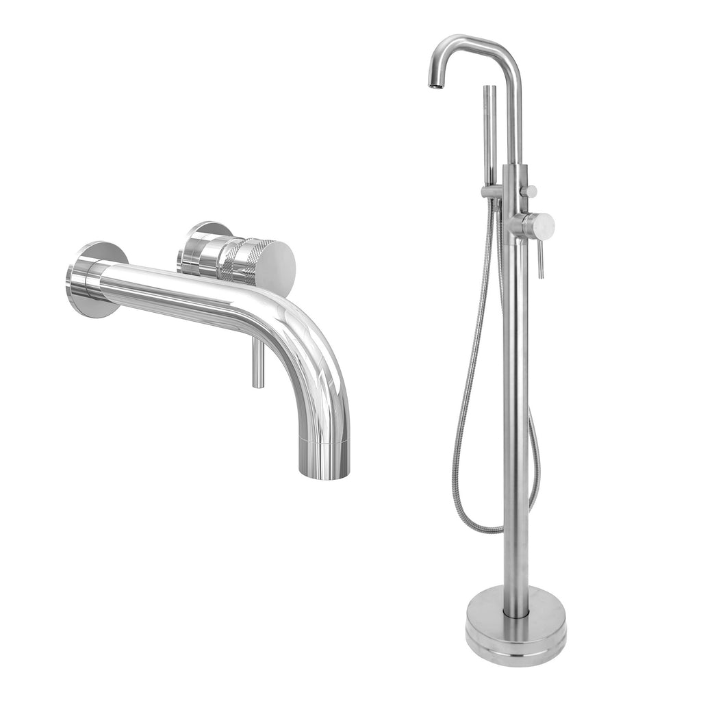 Chrome Wall Mounted Basin Mixer Tap and Freestanding Bath Shower Mixer Tap with Handset - Dual Handle Options