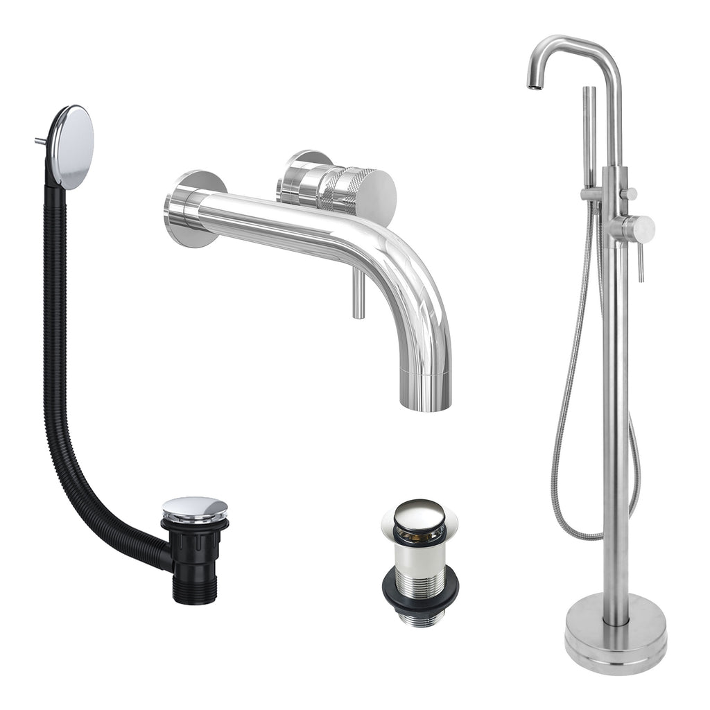 Chrome Wall Mounted Basin Mixer Tap and Freestanding Bath Shower Mixer Tap with Handset and Unslotted Basin and Bath Waste