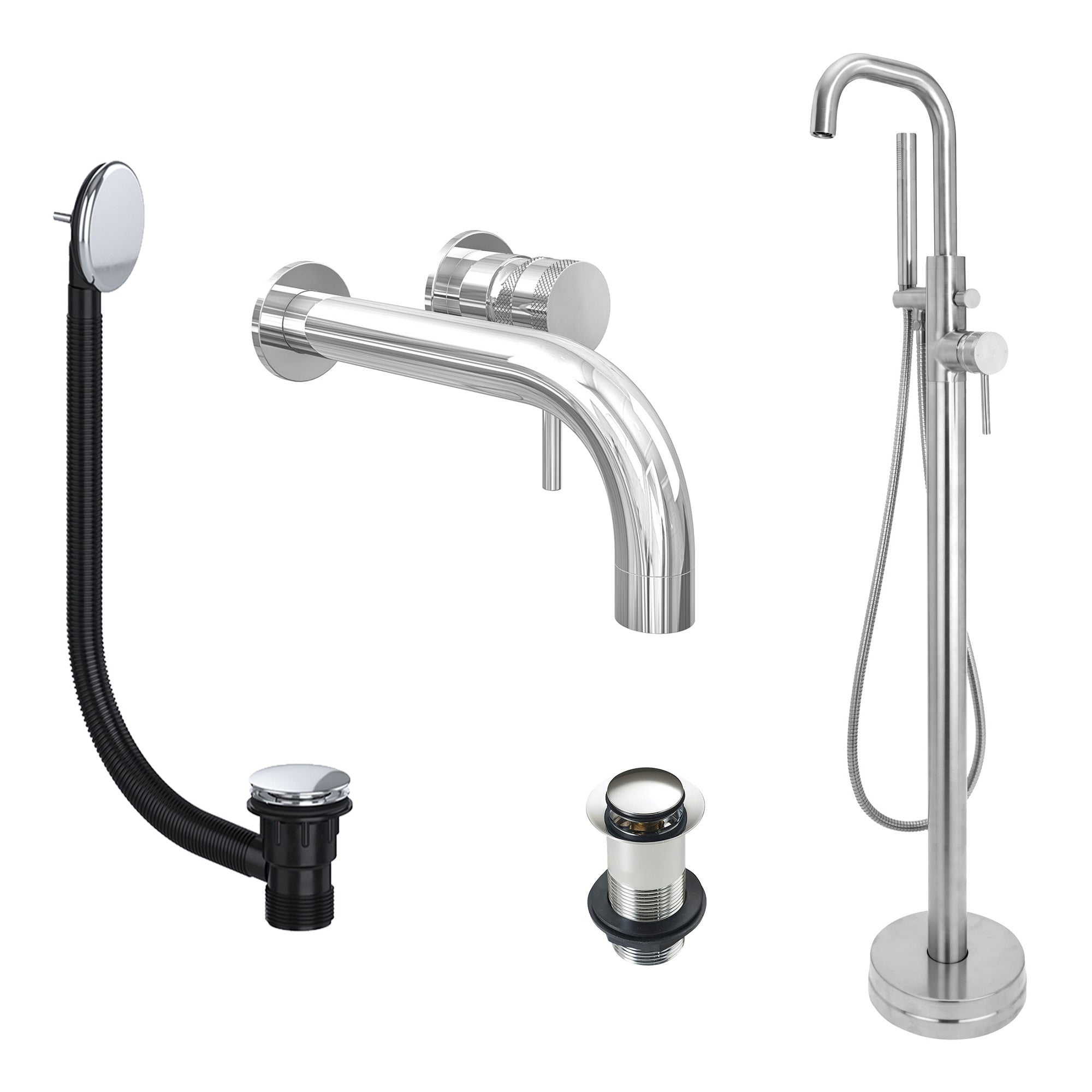 Chrome Wall Mounted Basin Mixer Tap and Freestanding Bath Shower Mixer Tap with Handset and Unslotted Basin and Bath Waste