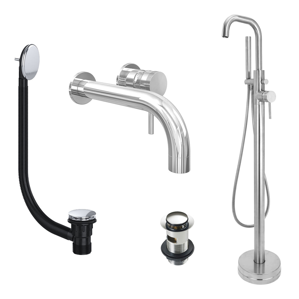 Chrome Wall Mounted Basin Mixer Tap and Freestanding Bath Shower Mixer Tap with Handset and Slotted Basin and Bath Waste