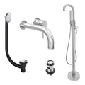 Chrome Wall Mounted Basin Mixer Tap and Freestanding Bath Shower Mixer Tap with Handset and Slotted Basin and Bath Waste