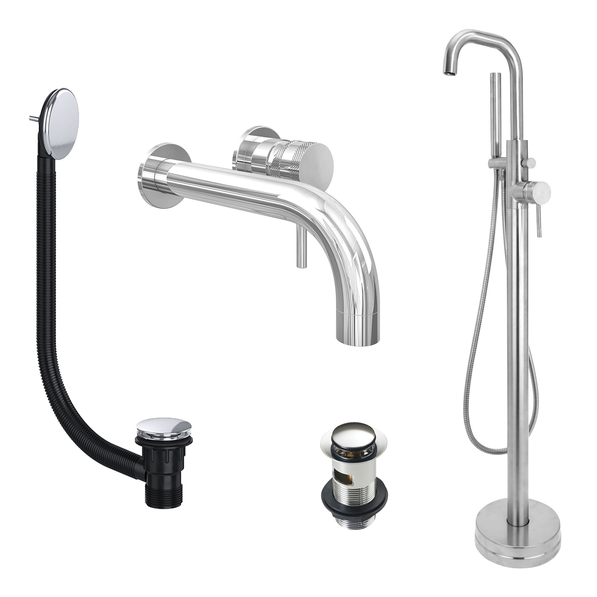 Chrome Wall Mounted Basin Mixer Tap and Freestanding Bath Shower Mixer Tap with Handset and Slotted Basin and Bath Waste