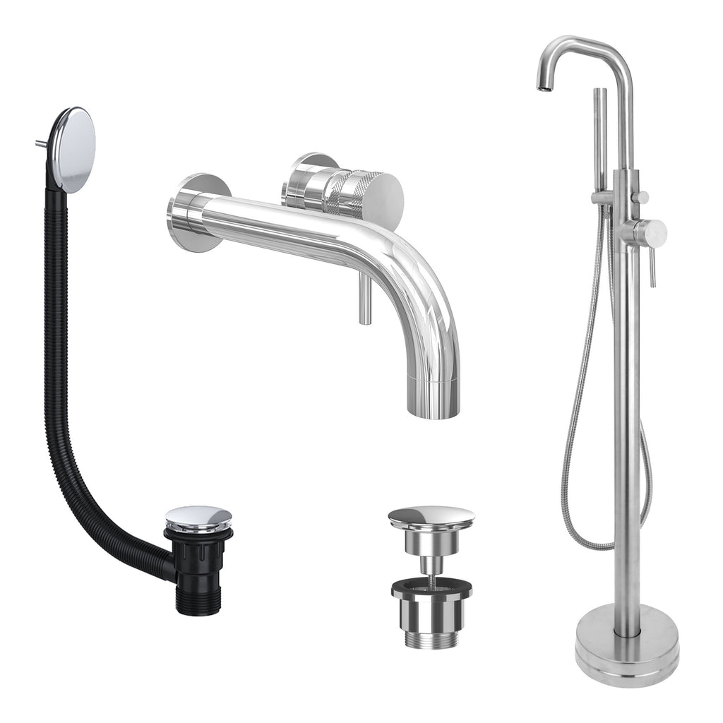 Chrome Wall Mounted Basin Mixer Tap and Freestanding Bath Shower Mixer Tap with Handset and Universal Basin and Bath Waste