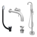 Chrome Wall Mounted Basin Mixer Tap and Freestanding Bath Shower Mixer Tap with Handset and Universal Basin and Bath Waste