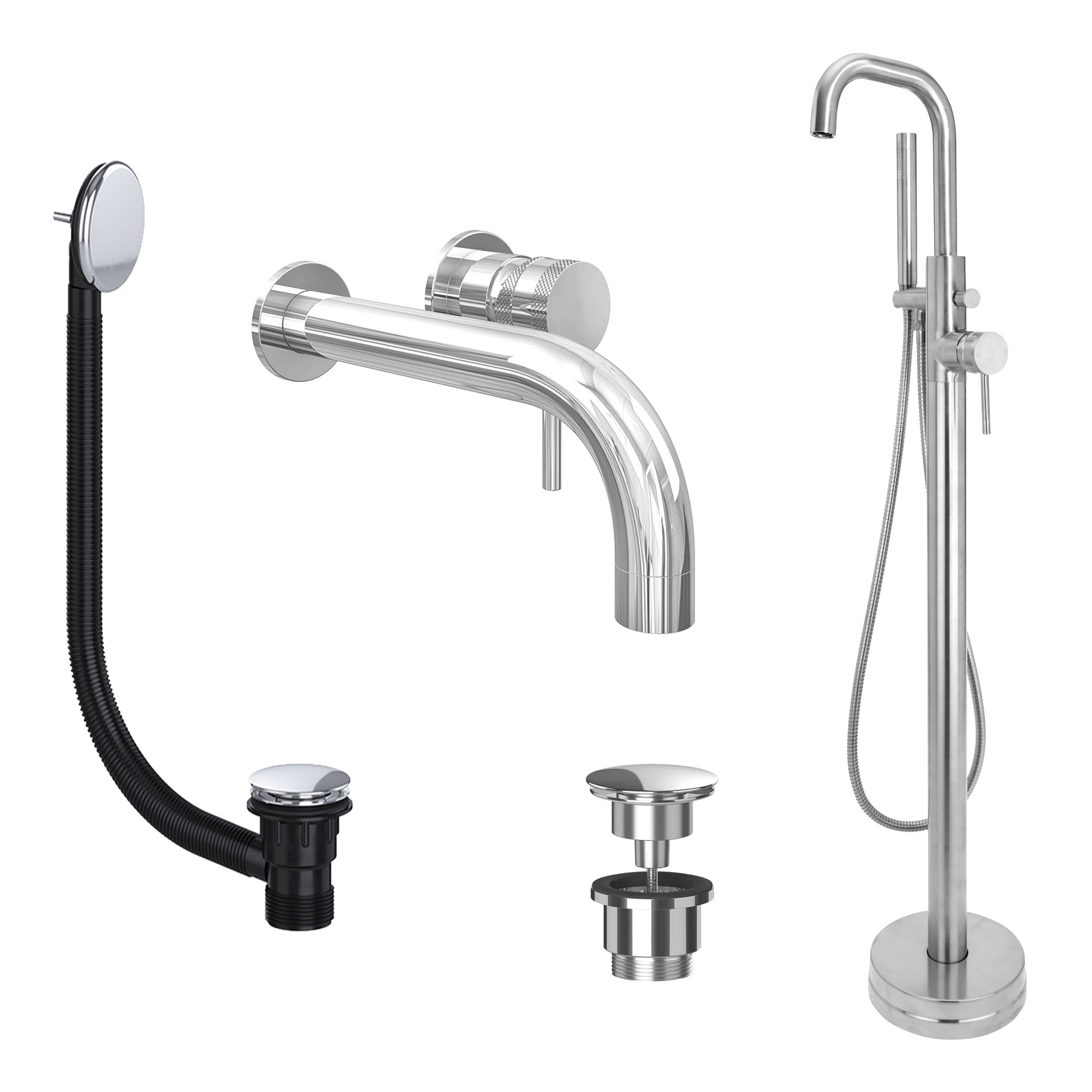 Chrome Wall Mounted Basin Mixer Tap and Freestanding Bath Shower Mixer Tap with Handset and Universal Basin and Bath Waste