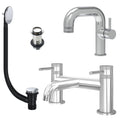 Chrome Side Lever Basin Mixer Tap and Bath Filler with Unslotted Basin and Bath Waste - Dual Handle Options