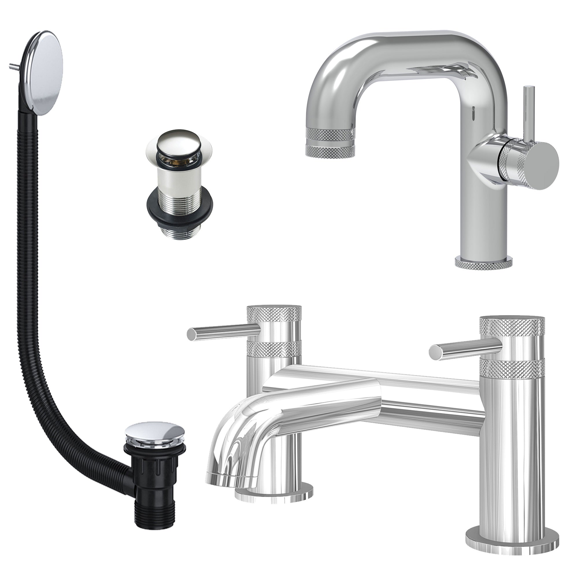 Chrome Side Lever Basin Mixer Tap and Bath Filler with Unslotted Basin and Bath Waste - Dual Handle Options