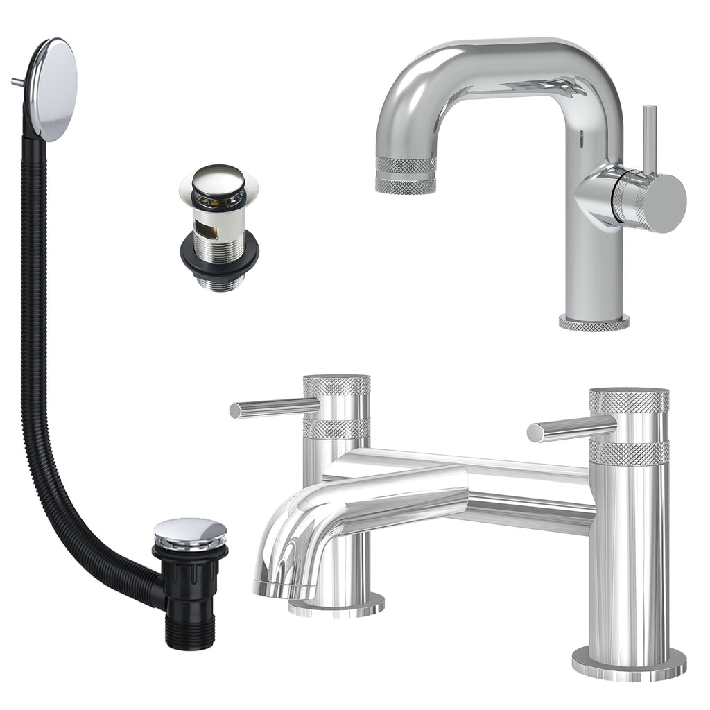 Chrome Side Lever Basin Mixer Tap and Bath Filler with Slotted Basin and Bath Waste - Dual Handle Options