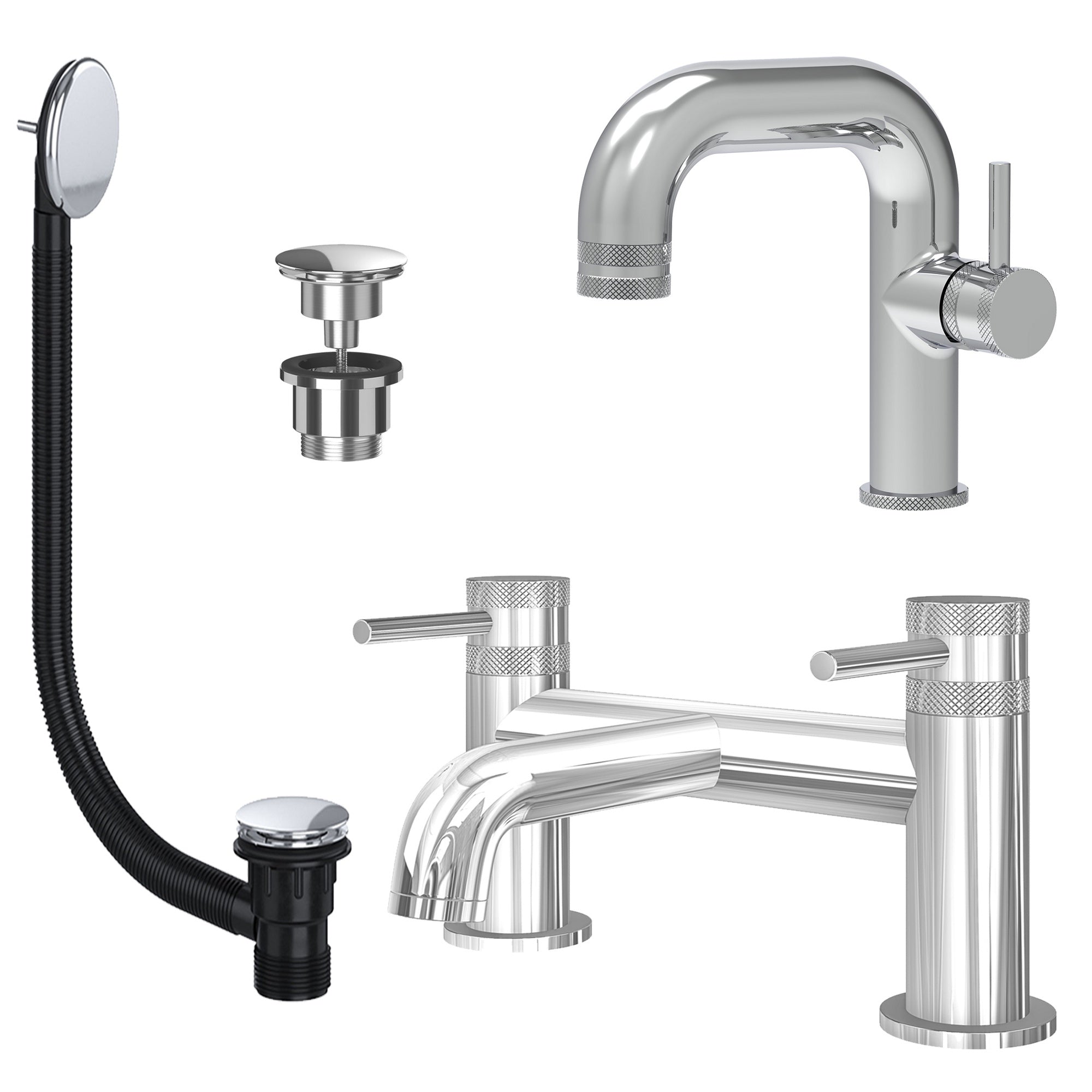 Chrome Side Lever Basin Mixer Tap and Bath Filler with Universal Basin and Bath Waste - Dual Handle Options
