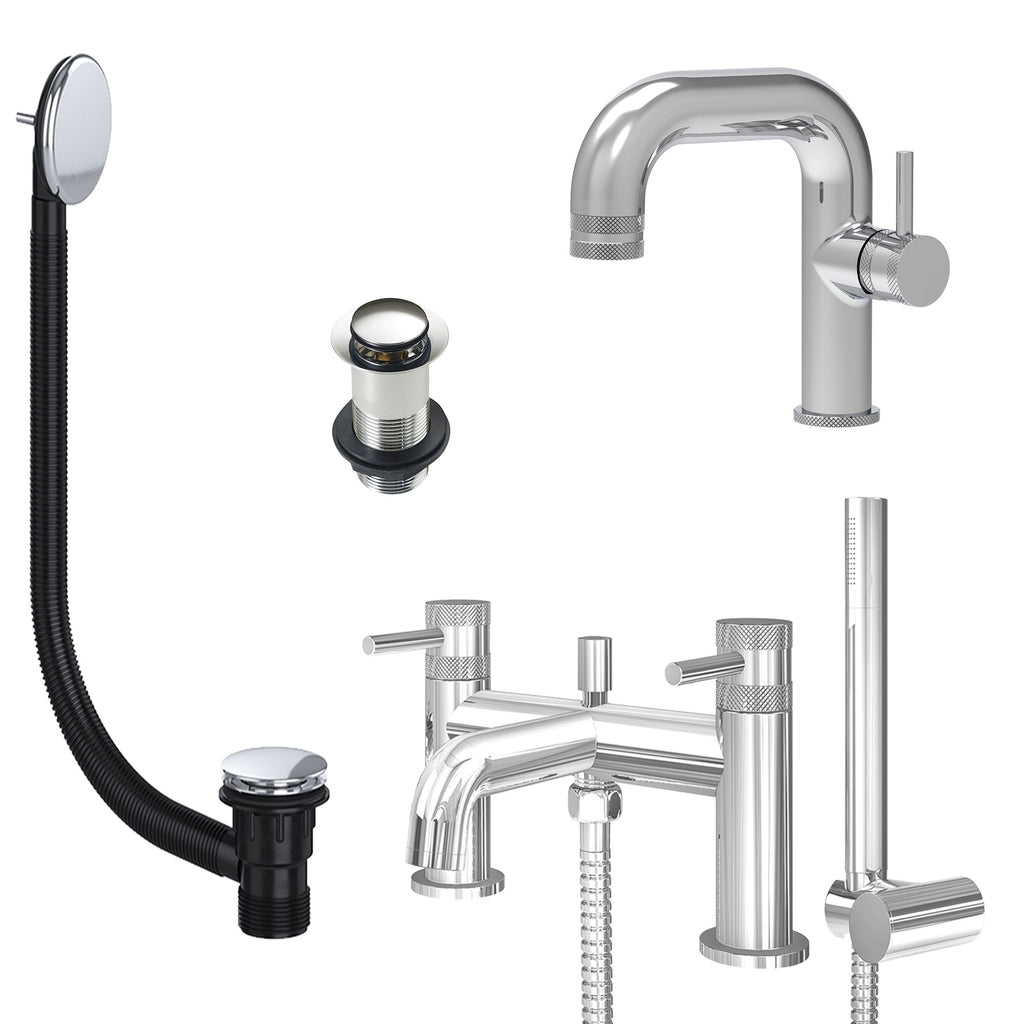 Chrome Side Lever Basin Mixer Tap and Bath Shower Mixer with Unslotted Basin and Bath Waste - Dual Handle Options