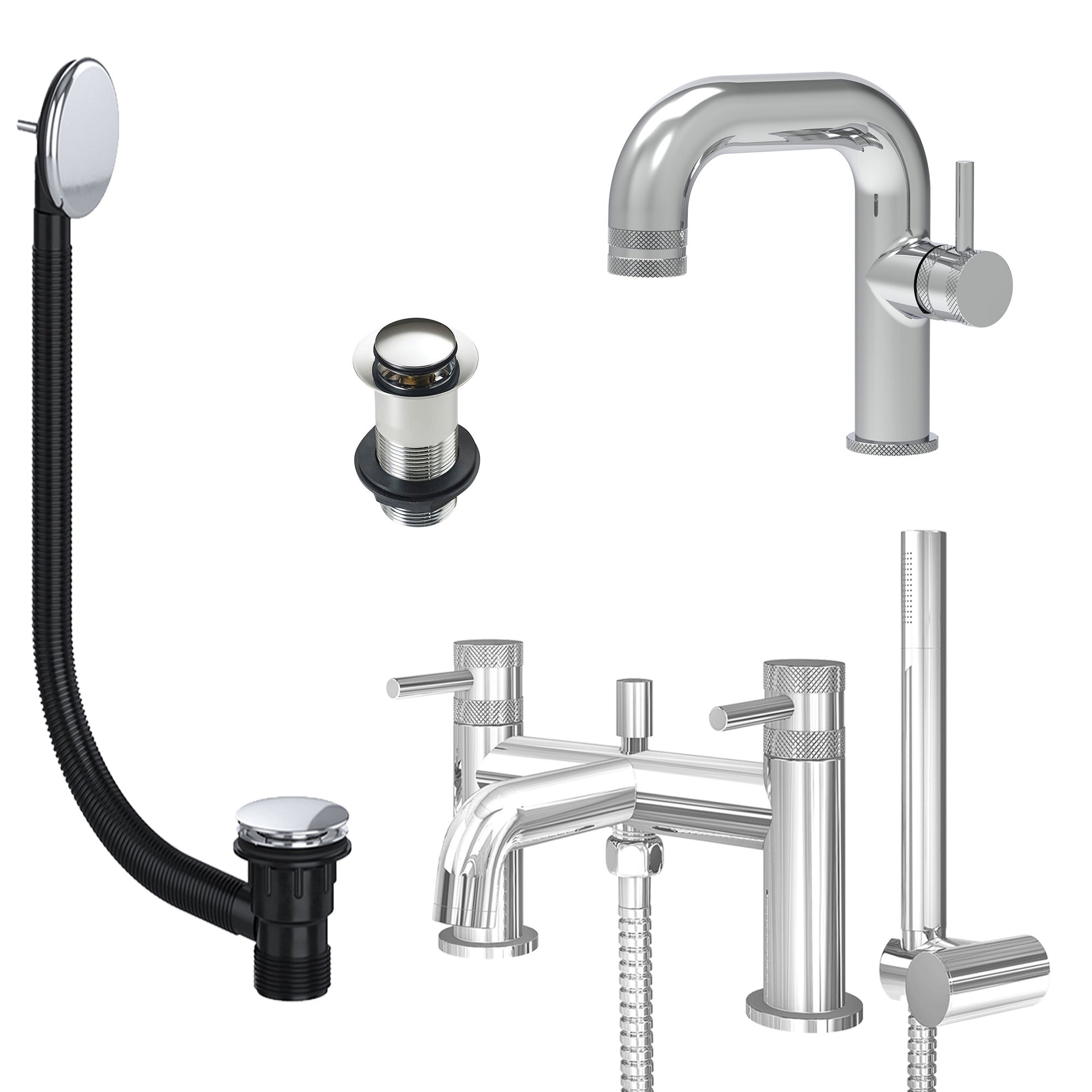 Chrome Side Lever Basin Mixer Tap and Bath Shower Mixer with Unslotted Basin and Bath Waste - Dual Handle Options