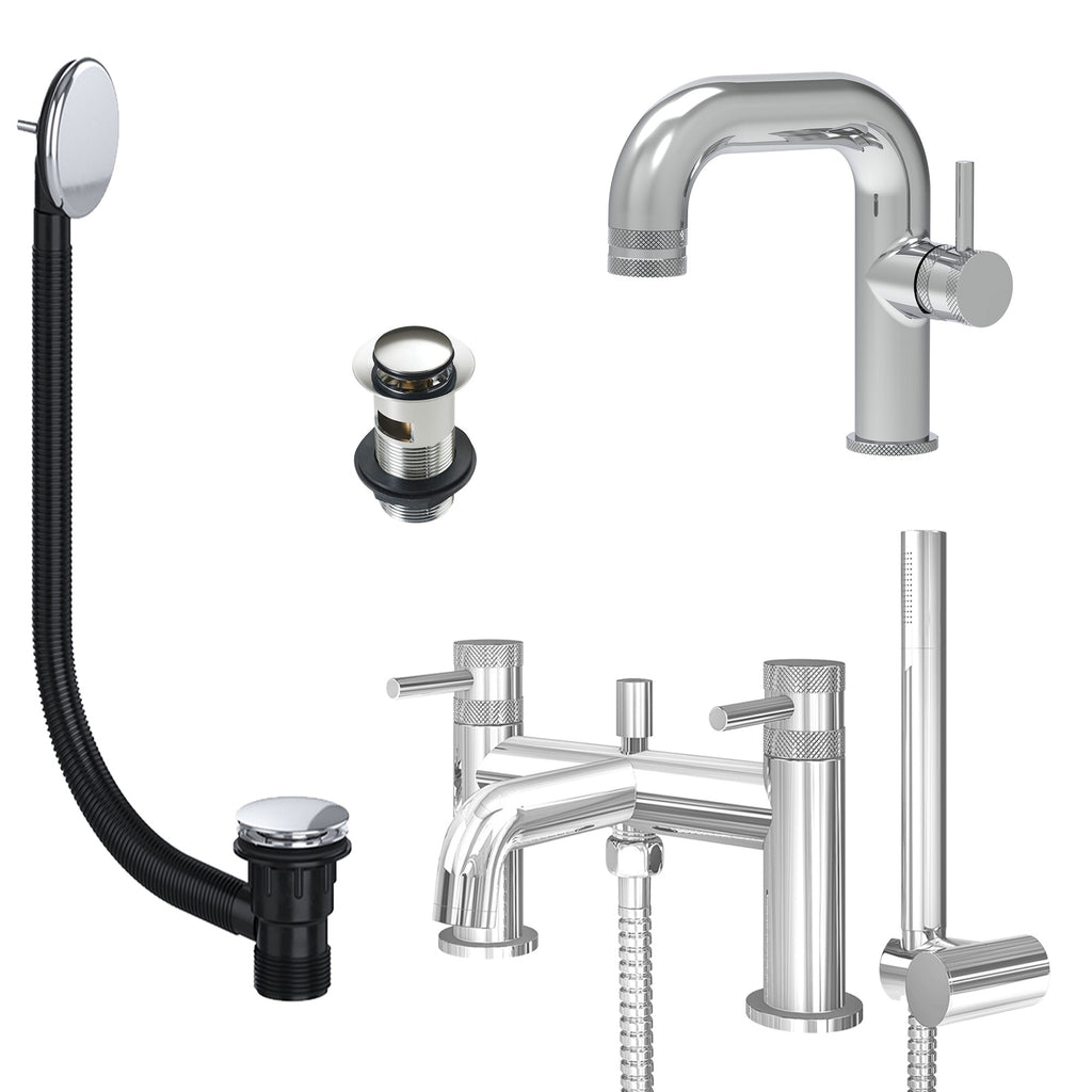 Chrome Side Lever Basin Mixer Tap and Bath Shower Mixer with Slotted Basin and Bath Waste - Dual Handle Options