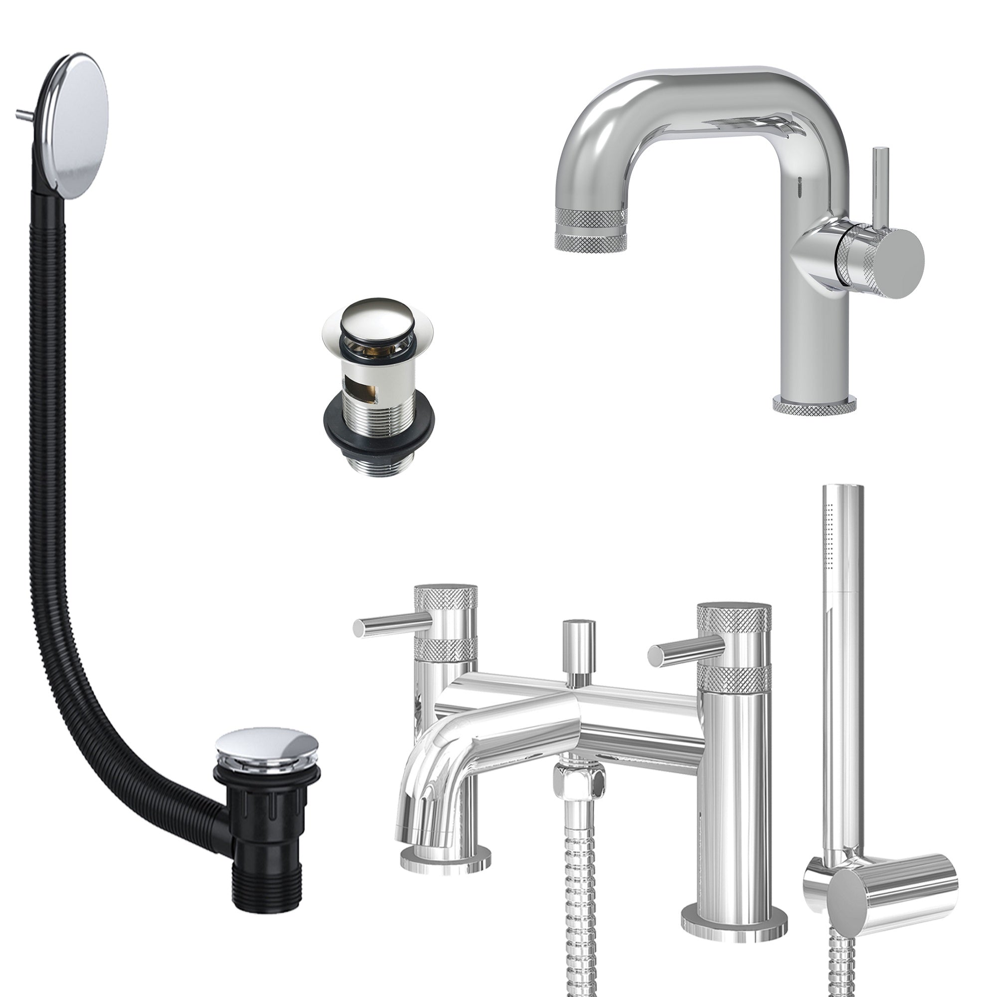 Chrome Side Lever Basin Mixer Tap and Bath Shower Mixer with Slotted Basin and Bath Waste - Dual Handle Options