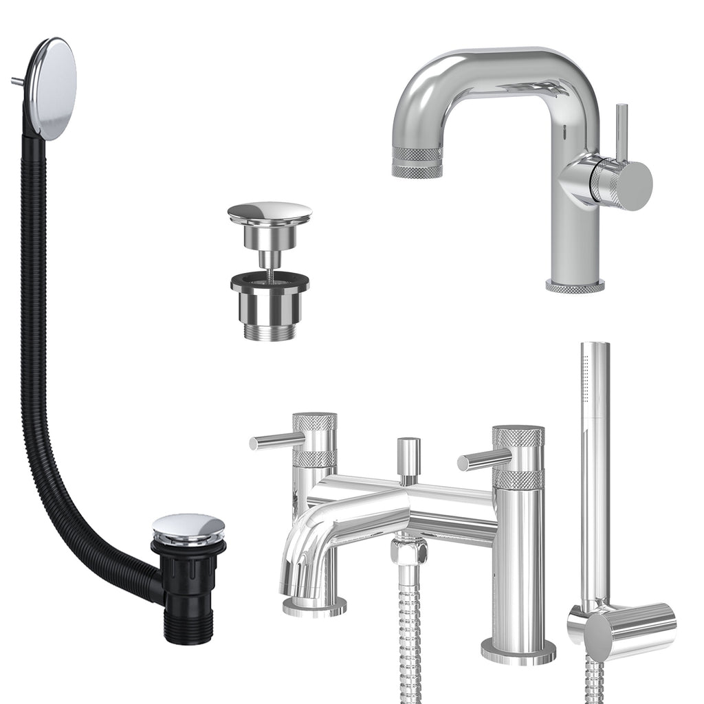 Chrome Side Lever Basin Mixer Tap and Bath Shower Mixer with Universal Basin and Bath Waste - Dual Handle Options