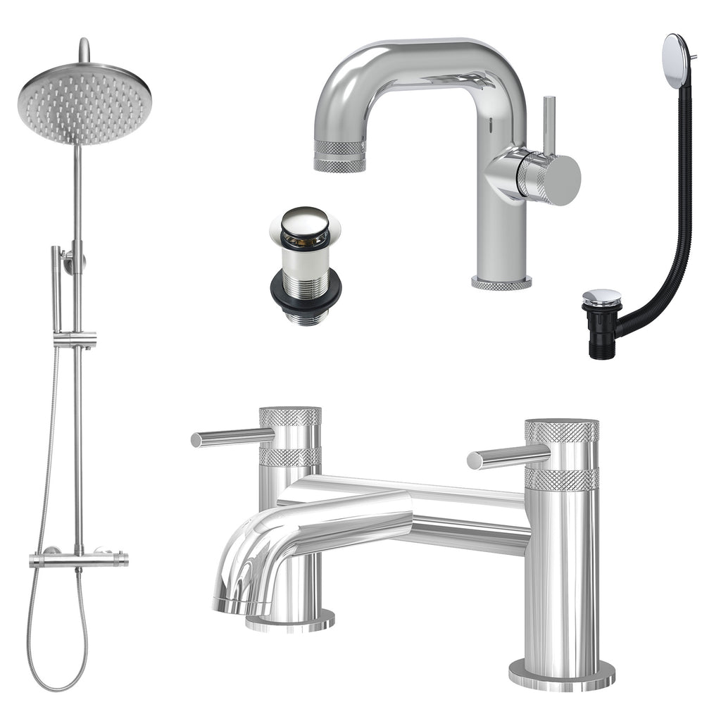 Chrome Side Lever Basin Mixer Tap, Bath Filler and Rigid Riser Shower with Unslotted Basin and Bath Waste
