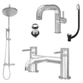 Chrome Side Lever Basin Mixer Tap, Bath Filler and Rigid Riser Shower with Unslotted Basin and Bath Waste