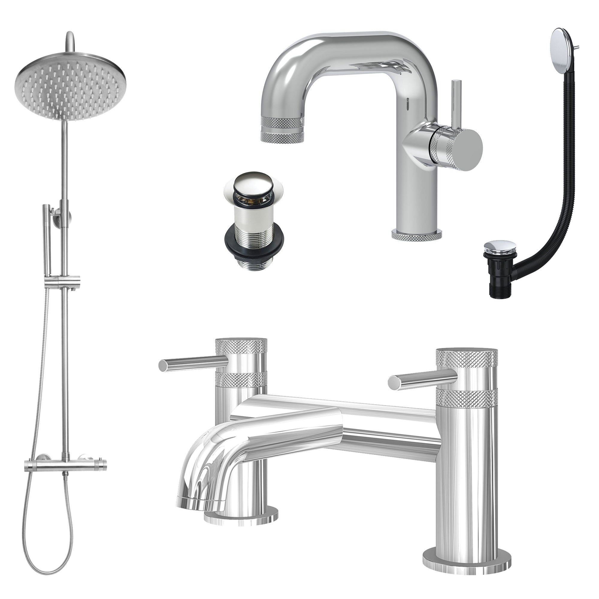 Chrome Side Lever Basin Mixer Tap, Bath Filler and Rigid Riser Shower with Unslotted Basin and Bath Waste
