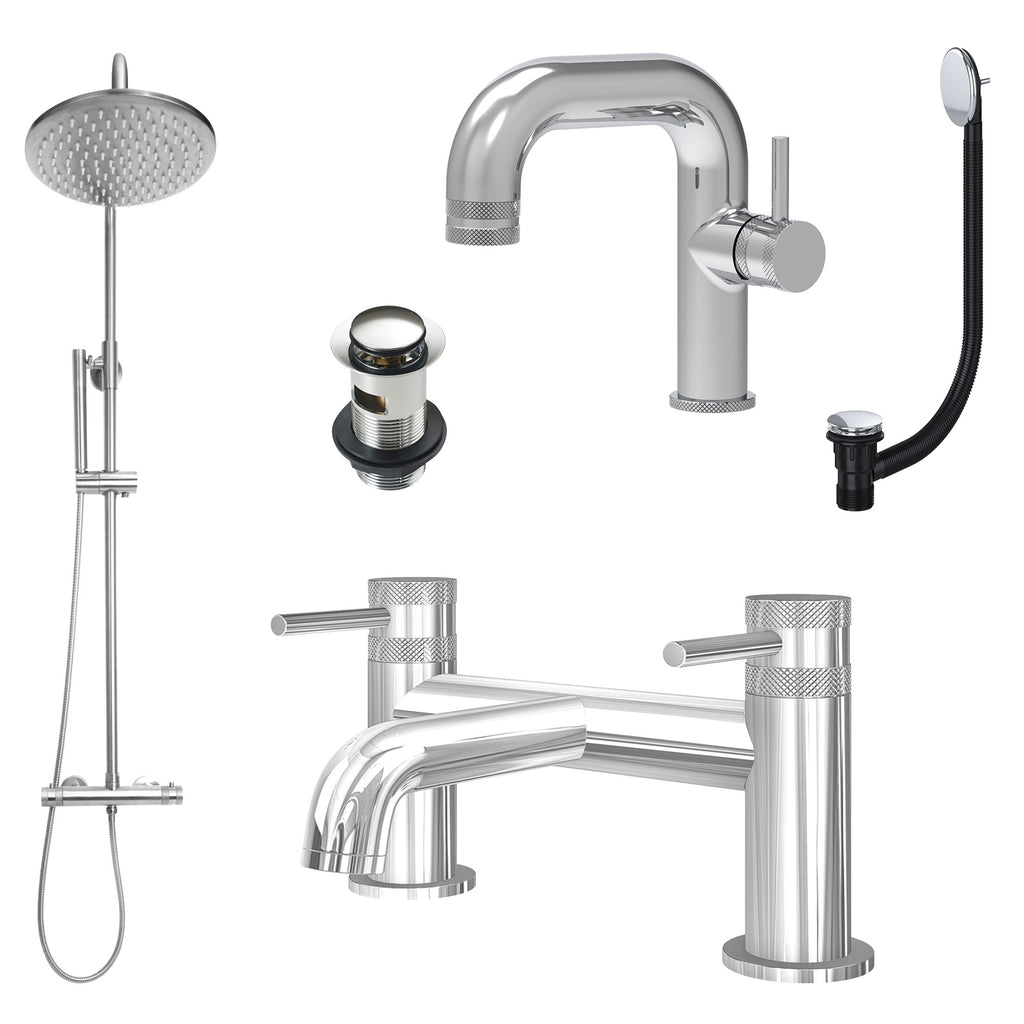 Chrome Side Lever Basin Mixer Tap, Bath Filler and Rigid Riser Shower with Slotted Basin and Bath Waste