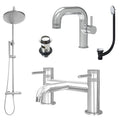 Chrome Side Lever Basin Mixer Tap, Bath Filler and Rigid Riser Shower with Slotted Basin and Bath Waste