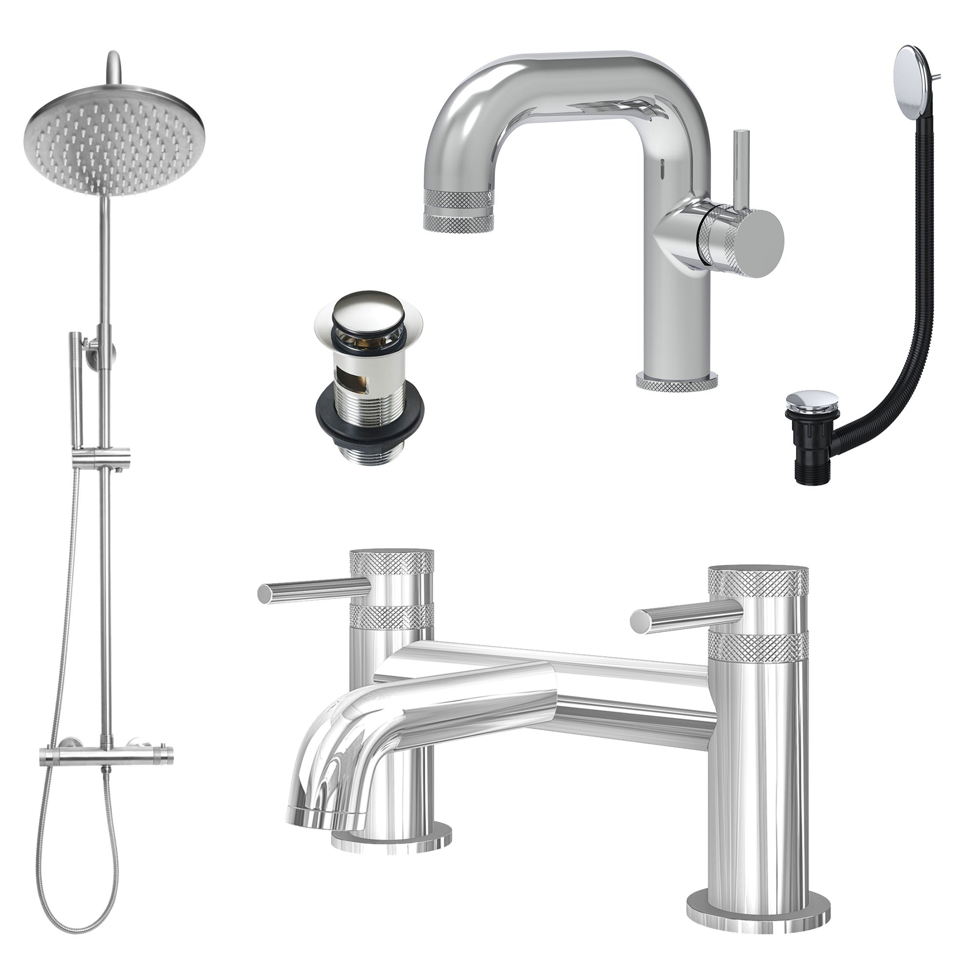 Chrome Side Lever Basin Mixer Tap, Bath Filler and Rigid Riser Shower with Slotted Basin and Bath Waste