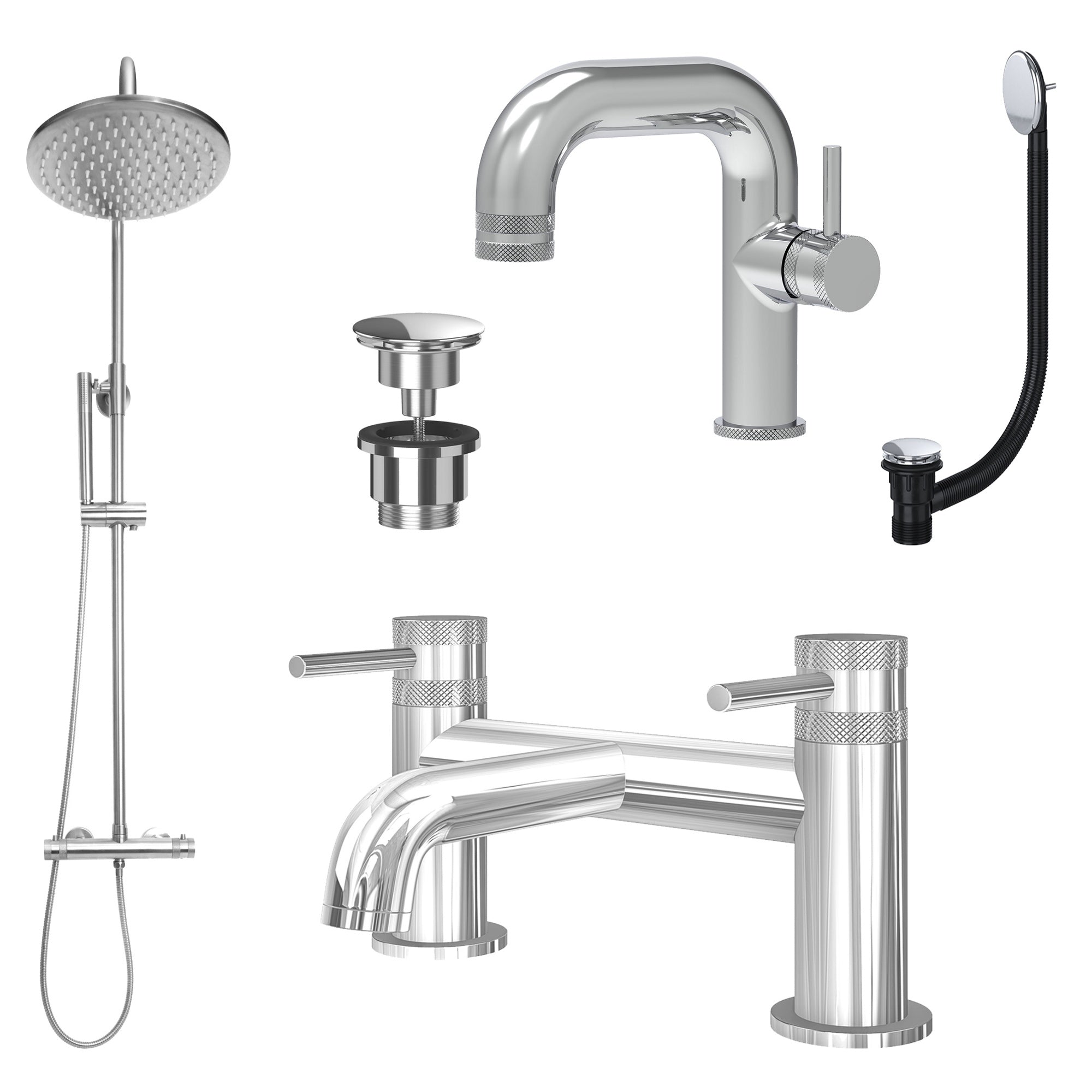 Chrome Side Lever Basin Mixer Tap, Bath Filler and Rigid Riser Shower with Universal Basin and Bath Waste