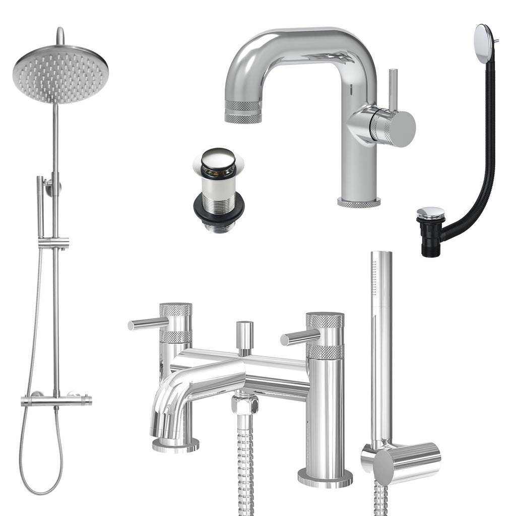 Chrome Side Lever Basin Mixer Tap, Bath Shower Mixer and Rigid Riser Shower with Unslotted Basin and Bath Waste
