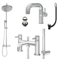 Chrome Side Lever Basin Mixer Tap, Bath Shower Mixer and Rigid Riser Shower with Unslotted Basin and Bath Waste