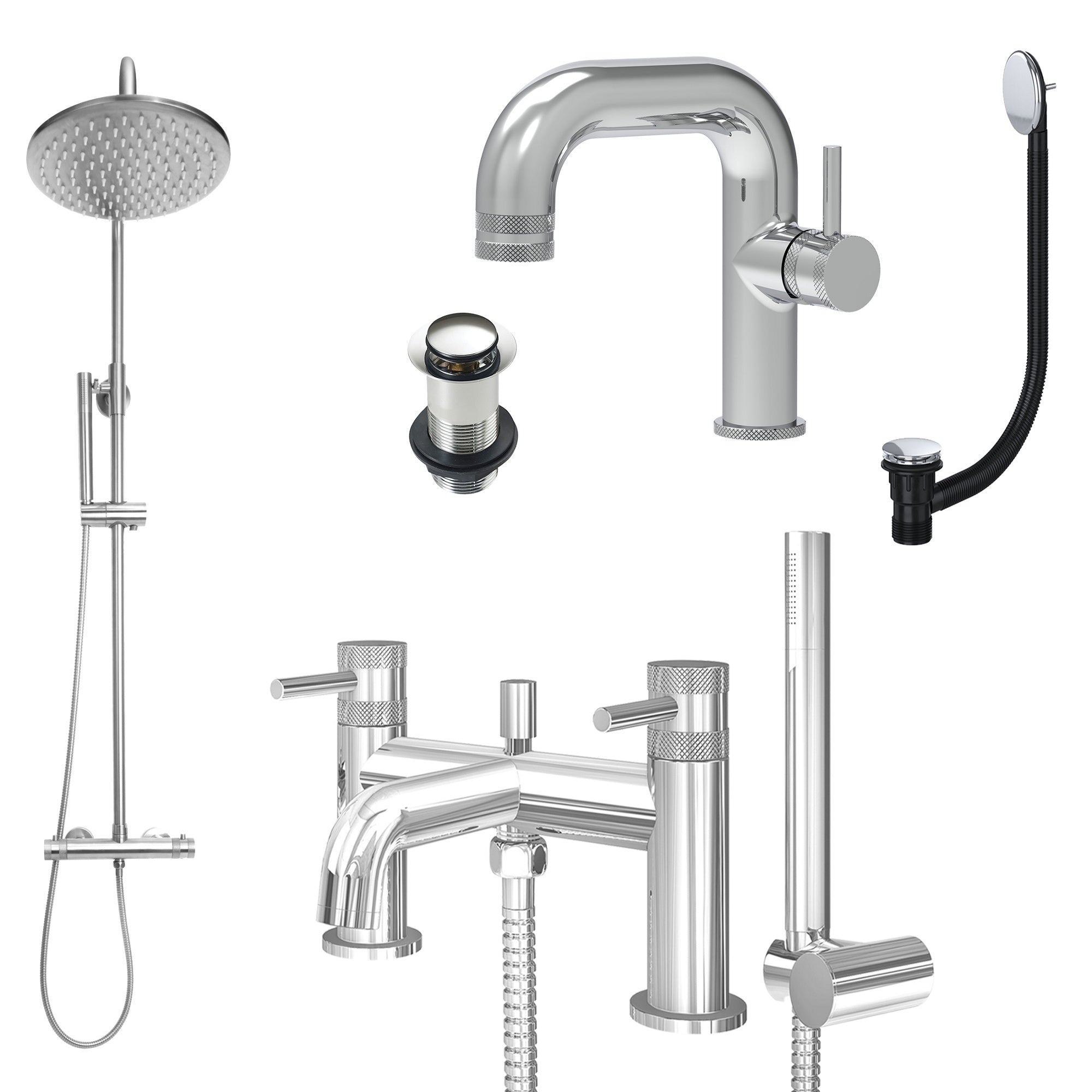 Chrome Side Lever Basin Mixer Tap, Bath Shower Mixer and Rigid Riser Shower with Unslotted Basin and Bath Waste