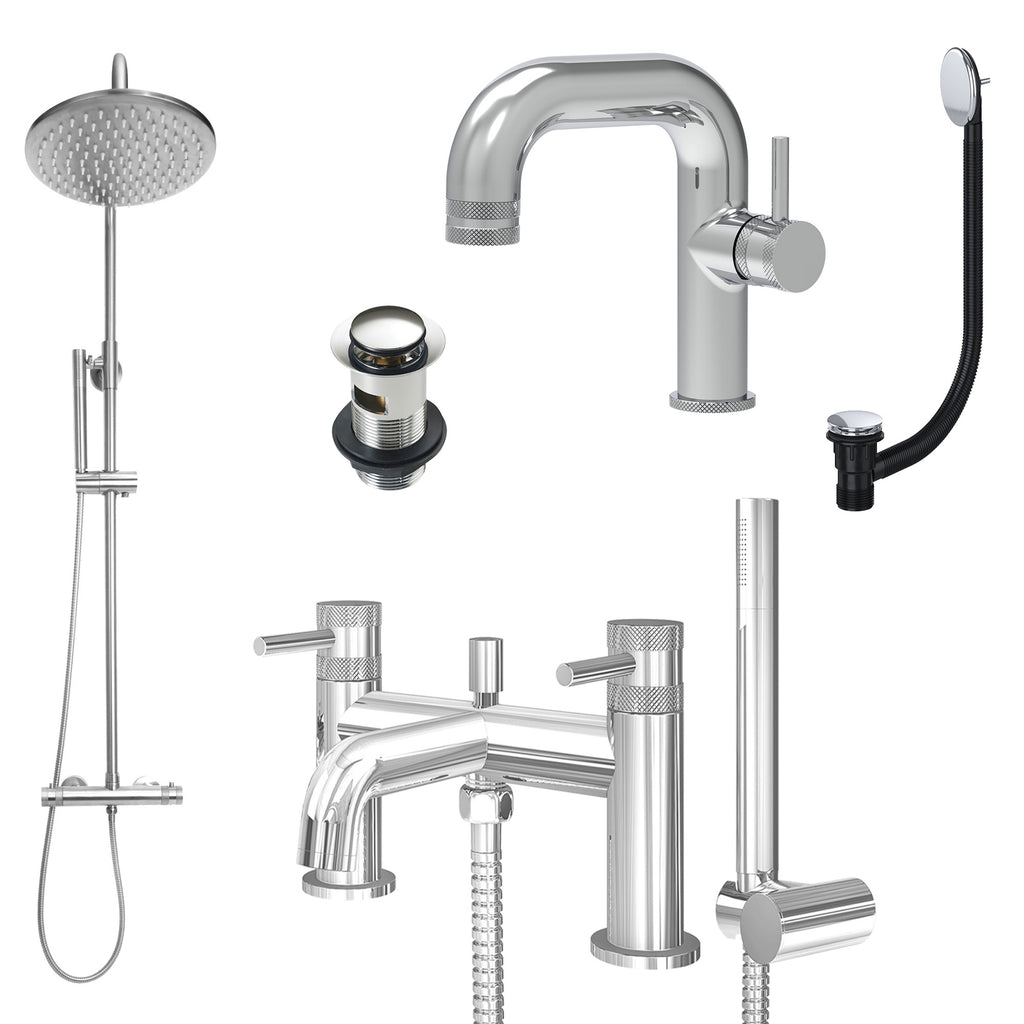 Chrome Side Lever Basin Mixer Tap, Bath Shower Mixer and Rigid Riser Shower with Slotted Basin and Bath Waste