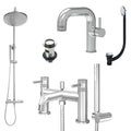 Chrome Side Lever Basin Mixer Tap, Bath Shower Mixer and Rigid Riser Shower with Slotted Basin and Bath Waste