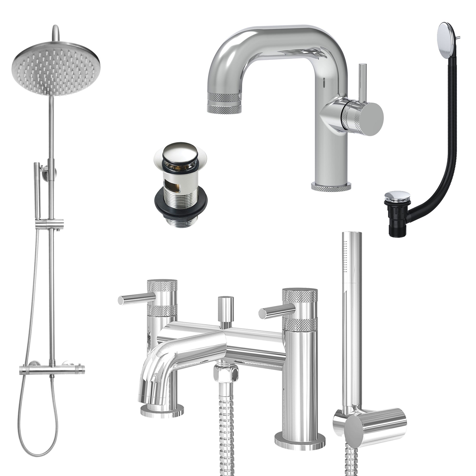 Chrome Side Lever Basin Mixer Tap, Bath Shower Mixer and Rigid Riser Shower with Slotted Basin and Bath Waste