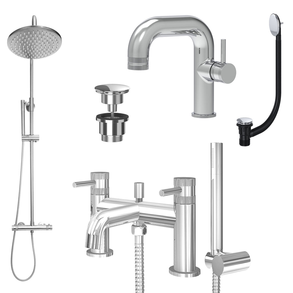 Chrome Side Lever Basin Mixer Tap, Bath Shower Mixer and Rigid Riser Shower with Universal Basin and Bath Waste
